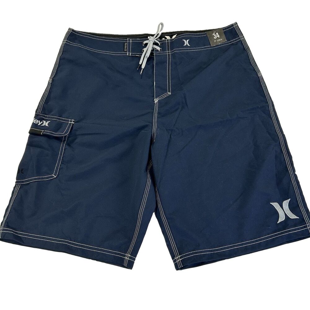 Hurley Mens One and Only Board Shorts Navy Blue Gray Pocket 34" Waist 22" Length